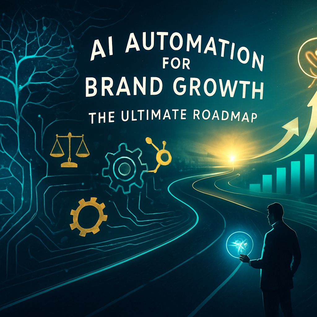 Futuristic digital roadmap of AI automation fueling brand growth: neural networks, spiraling charts, ethical scales, HubSpot gears, and a strategist navigating to ROI horizons.