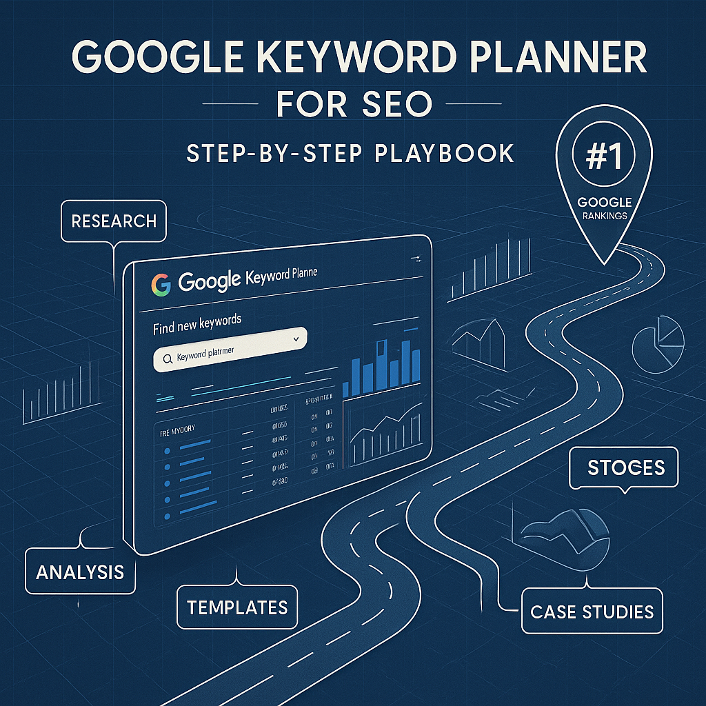 Blueprint roadmap with Google Keyword Planner hub guiding SEO strategy through Research, Analysis, Templates, and Case Studies to #1 rankings.